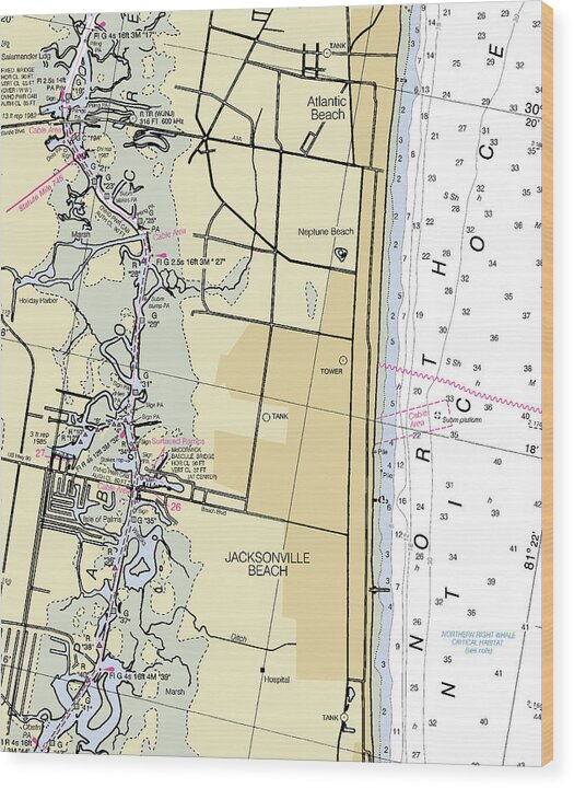 Jacksonville Beach Florida Nautical Chart - Wood Print