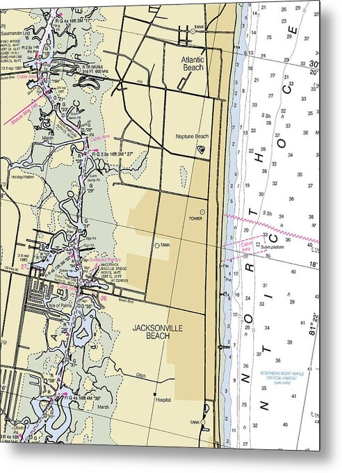 Jacksonville Beach Florida Nautical Chart - Metal Print