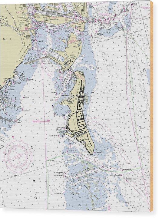 Key Biscayne Miami Florida Nautical Chart - Wood Print