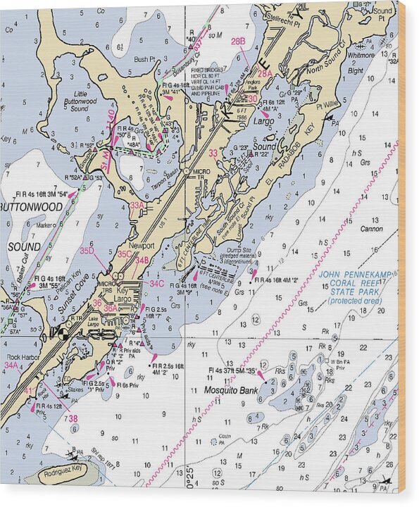 Key Largo South-florida Nautical Chart - Wood Print
