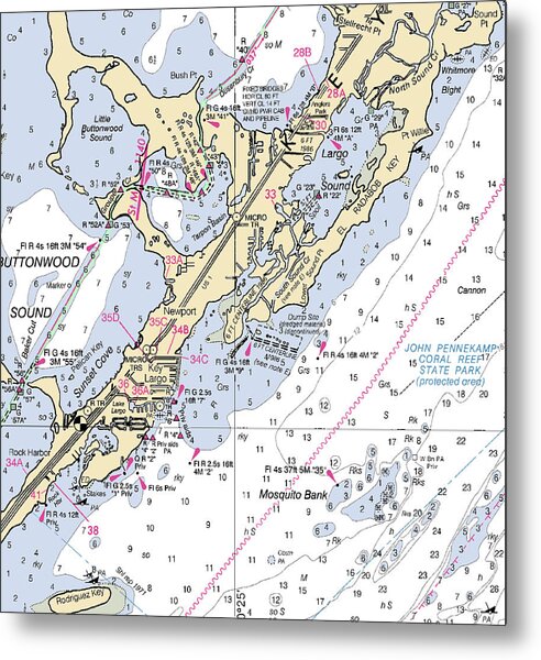 Key Largo South-florida Nautical Chart - Metal Print