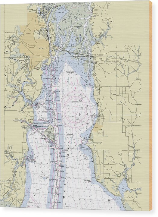 Mobile Alabama Upper Bay Nautical Chart - Wood Print