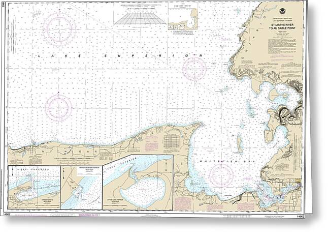 Nautical Chart-14962 St Marys River-au Sable Point, Whitefish Point, Little Lake Harbors, Grand Marais Harbor - Greeting Card