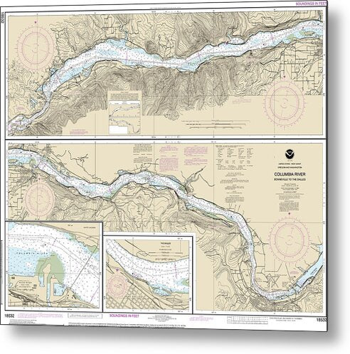 Nautical Chart-18532 Columbia River Bonneville-the Dalles, The Dalles, Hood River - Metal Print