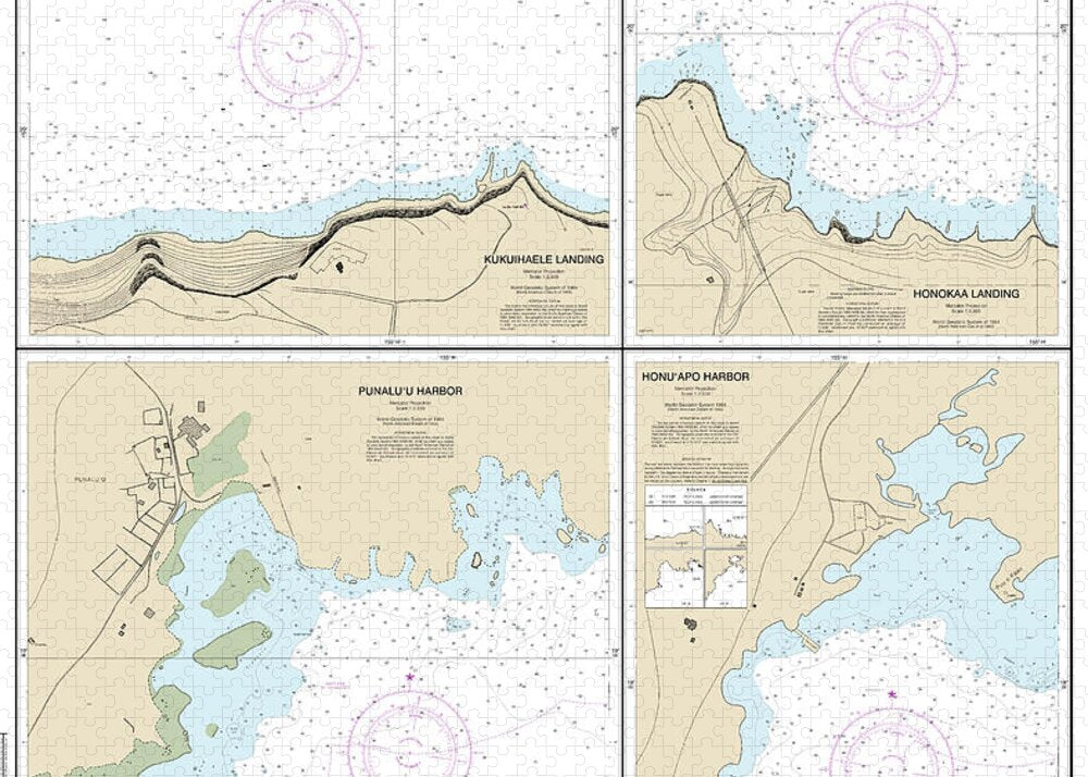 Nautical Chart-19322 Harbors-landings On The Northeast-southeast Coasts-hawaii, Punaluu Harbor, Honuapo Bay, Honokaa Landing, Kukuihaele Landing - Puzzle