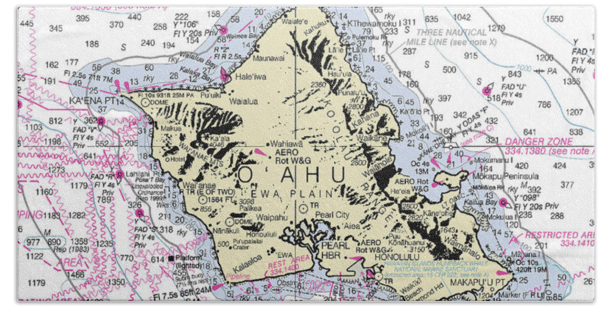 Oahu Hawaii Nautical Chart - Bath Towel