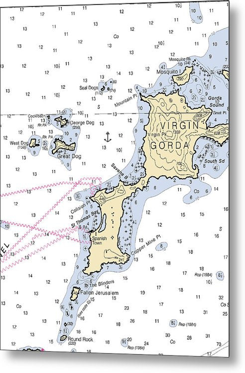 A beuatiful Metal Print of the Virgin Gorda-Virgin Islands Nautical Chart - Metal Print by SeaKoast.  100% Guarenteed!