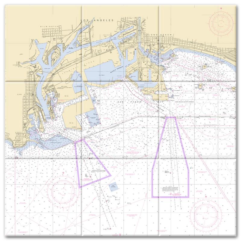 Los Angeles and Western San Pedro Bay California Nautical Chart Tile Mural-Kitchen Backsplash-Bathroom Tile-Countertop by SeaKoast