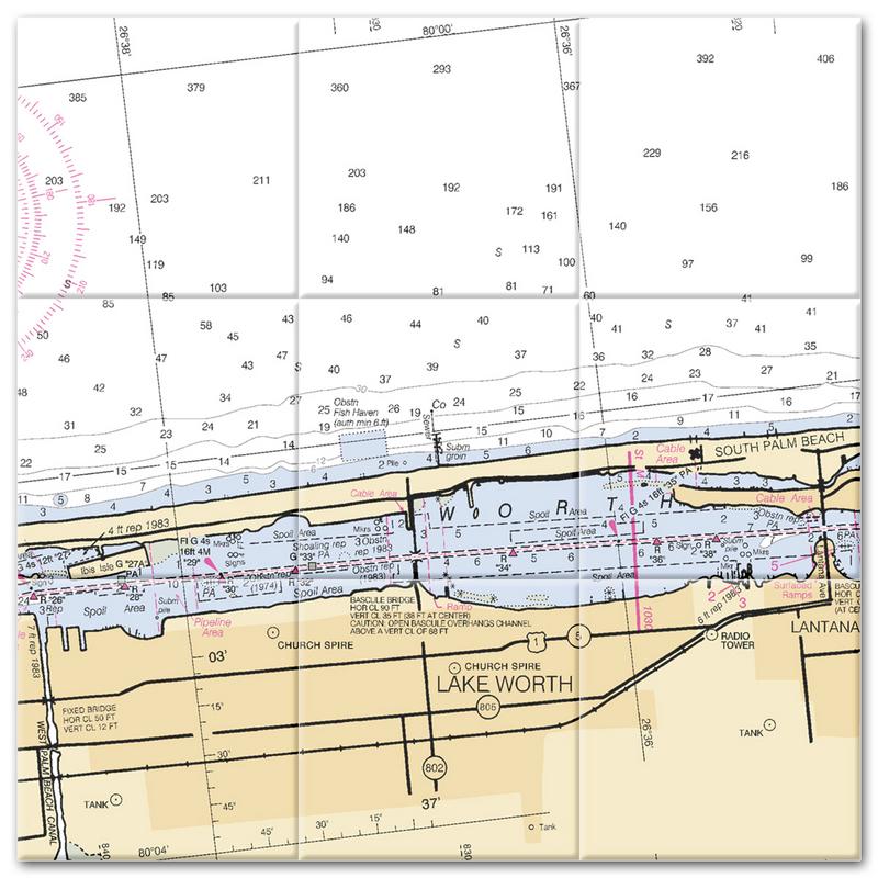 Lake Worth Florida Nautical Chart Tile Mural-Kitchen Backsplash-Bathroom Tile-Countertop by SeaKoast