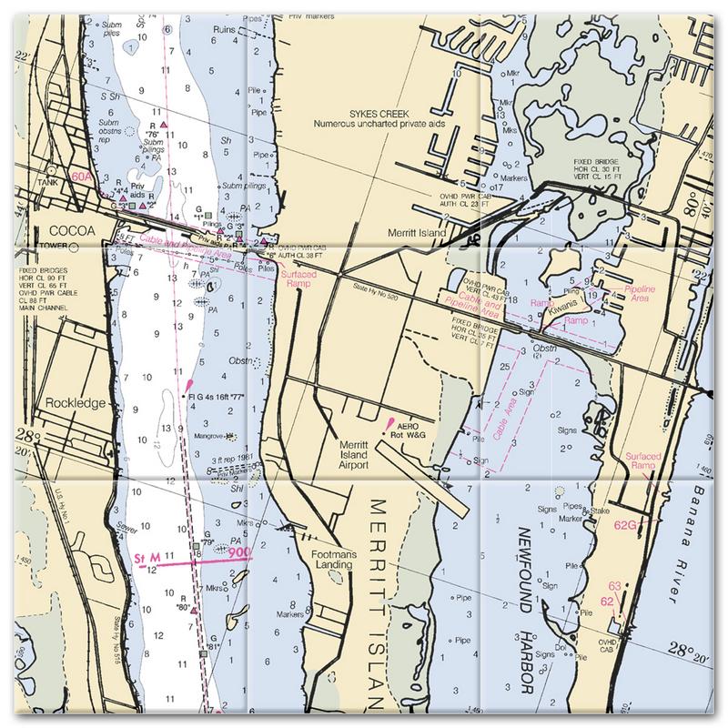 Merritt Island Florida Nautical Chart Tile Mural-Kitchen Backsplash-Bathroom Tile-Countertop by SeaKoast