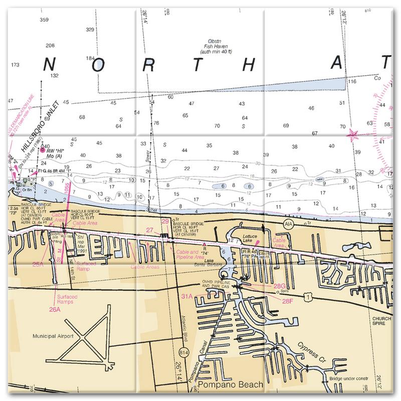 Pompano Beach Florida Nautical Chart Tile Mural-Kitchen Backsplash-Bathroom Tile-Countertop by SeaKoast