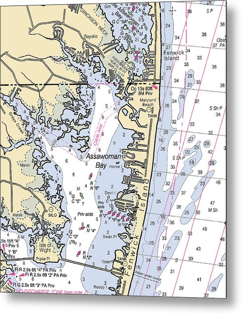 A beuatiful Metal Print of the Assawoman Bay-Maryland Nautical Chart - Metal Print by SeaKoast.  100% Guarenteed!