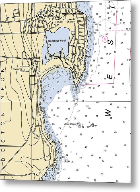 A beuatiful Metal Print of the Bonnet Shores-Rhode Island Nautical Chart - Metal Print by SeaKoast.  100% Guarenteed!