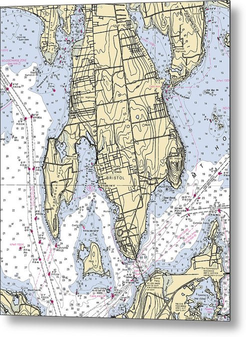 A beuatiful Metal Print of the Bristol Neck-Rhode Island Nautical Chart - Metal Print by SeaKoast.  100% Guarenteed!