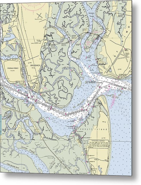 A beuatiful Metal Print of the Brunswick Harbor Georgia Nautical Chart - Metal Print by SeaKoast.  100% Guarenteed!