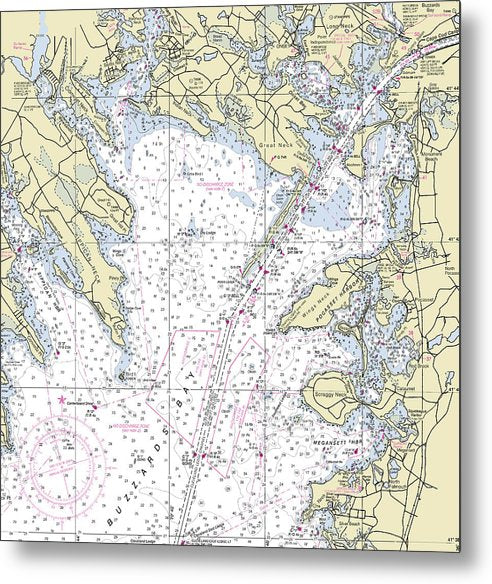 A beuatiful Metal Print of the Buzzards Bay Massachusetts Nautical Chart - Metal Print by SeaKoast.  100% Guarenteed!