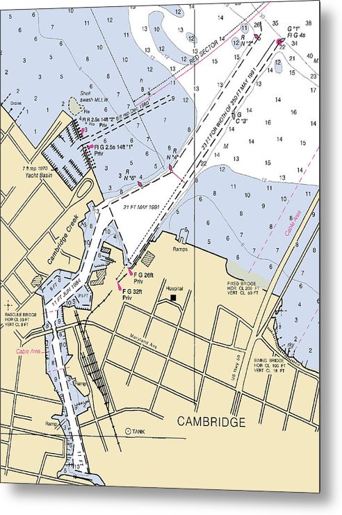 A beuatiful Metal Print of the Cambridge-Maryland Nautical Chart - Metal Print by SeaKoast.  100% Guarenteed!