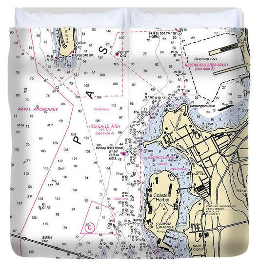Coasters Harbor Rhode Island Nautical Chart Duvet Cover