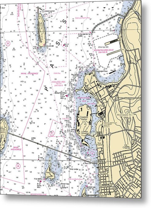 A beuatiful Metal Print of the Coasters Harbor-Rhode Island Nautical Chart - Metal Print by SeaKoast.  100% Guarenteed!