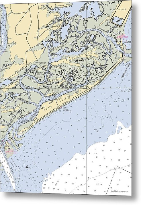 A beuatiful Metal Print of the Folly Beach-South Carolina Nautical Chart - Metal Print by SeaKoast.  100% Guarenteed!