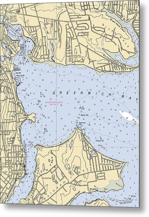 A beuatiful Metal Print of the Greenwich Bay-Rhode Island Nautical Chart - Metal Print by SeaKoast.  100% Guarenteed!