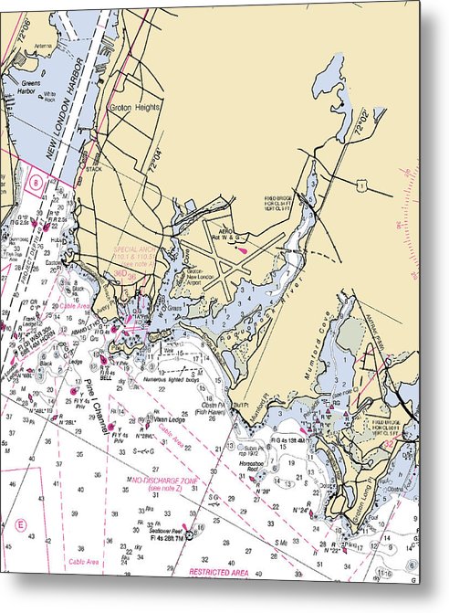 A beuatiful Metal Print of the Groton-Connecticut Nautical Chart - Metal Print by SeaKoast.  100% Guarenteed!