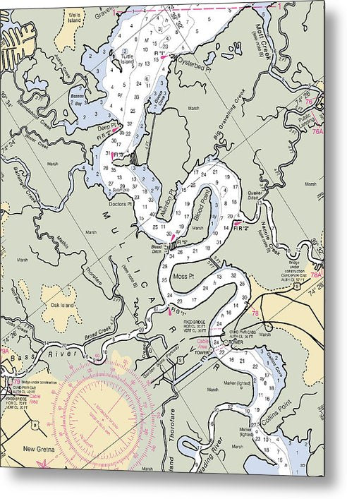 A beuatiful Metal Print of the Mullica River-New Jersey Nautical Chart - Metal Print by SeaKoast.  100% Guarenteed!