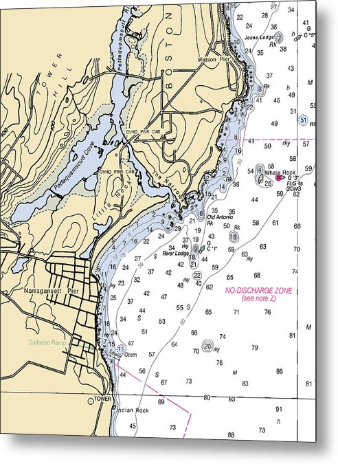 A beuatiful Metal Print of the Narragansett Pier-Rhode Island Nautical Chart - Metal Print by SeaKoast.  100% Guarenteed!