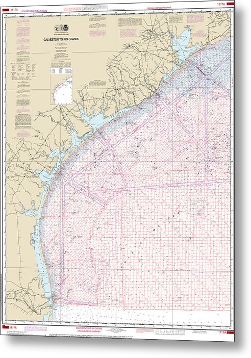 A beuatiful Metal Print of the Nautical Chart-1117A Galveston-Rio Grande (Oil-Gas Leasing Areas) - Metal Print by SeaKoast.  100% Guarenteed!