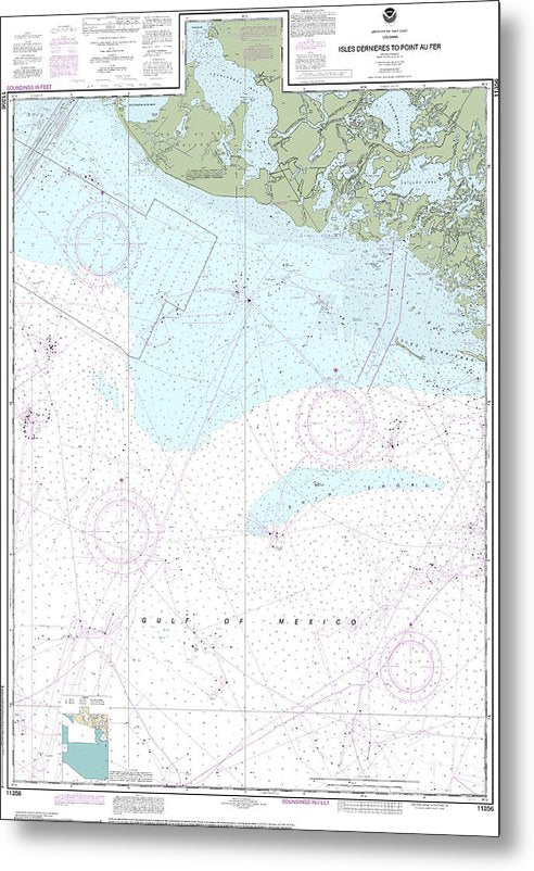 A beuatiful Metal Print of the Nautical Chart-11356 Isles Dernieres-Point Au Fer - Metal Print by SeaKoast.  100% Guarenteed!