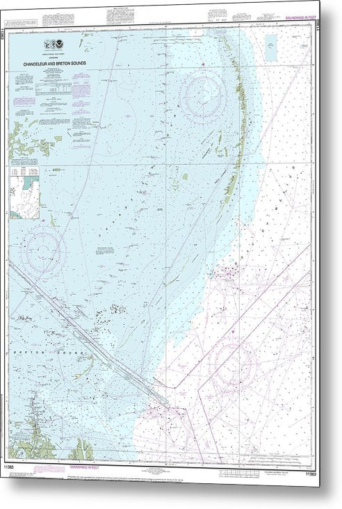 A beuatiful Metal Print of the Nautical Chart-11363 Chandeleur-Breton Sounds - Metal Print by SeaKoast.  100% Guarenteed!