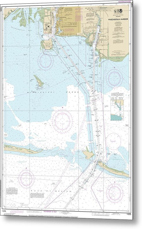 A beuatiful Metal Print of the Nautical Chart-11375 Pascagoula Harbor - Metal Print by SeaKoast.  100% Guarenteed!
