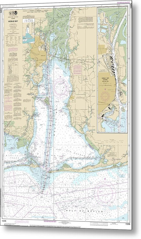 A beuatiful Metal Print of the Nautical Chart-11376 Mobile Bay Mobile Ship Channel-Northern End - Metal Print by SeaKoast.  100% Guarenteed!