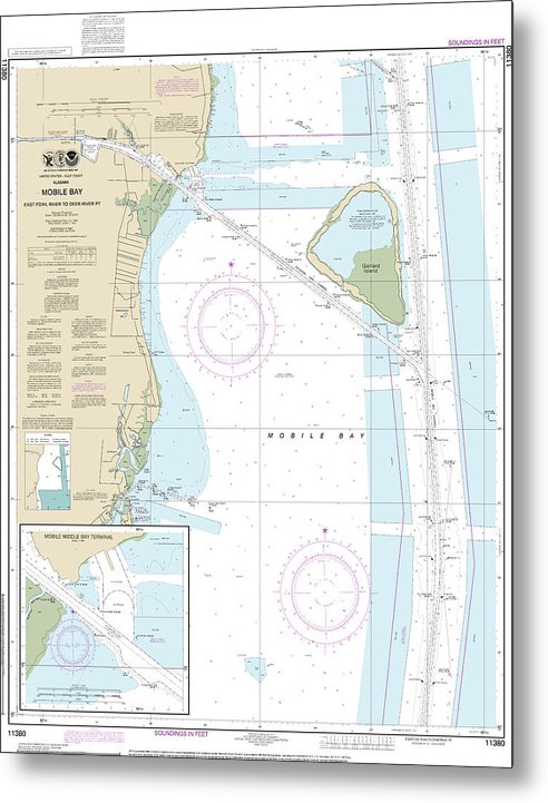 A beuatiful Metal Print of the Nautical Chart-11380 Mobile Bay East Fowl River-Deer River Pt, Mobile Middle Bay Terminal - Metal Print by SeaKoast.  100% Guarenteed!