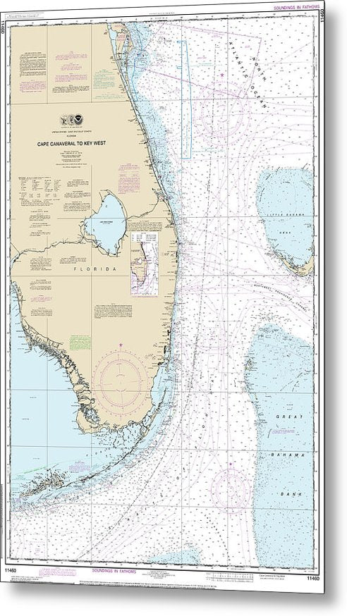 A beuatiful Metal Print of the Nautical Chart-11460 Cape Canaveral-Key West - Metal Print by SeaKoast.  100% Guarenteed!