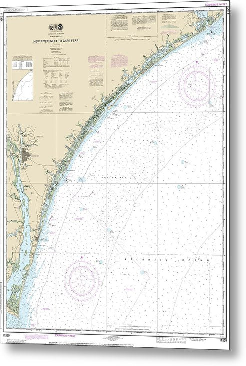 A beuatiful Metal Print of the Nautical Chart-11539 New River Inlet-Cape Fear - Metal Print by SeaKoast.  100% Guarenteed!