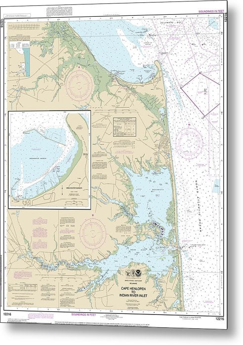 A beuatiful Metal Print of the Nautical Chart-12216 Cape Henlopen-Indian River Inlet, Breakwater Harbor - Metal Print by SeaKoast.  100% Guarenteed!