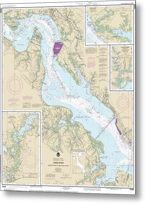 A beuatiful Metal Print of the Nautical Chart-12248 James River Newport News-Jamestown Island, Back River-College Creek - Metal Print by SeaKoast.  100% Guarenteed!
