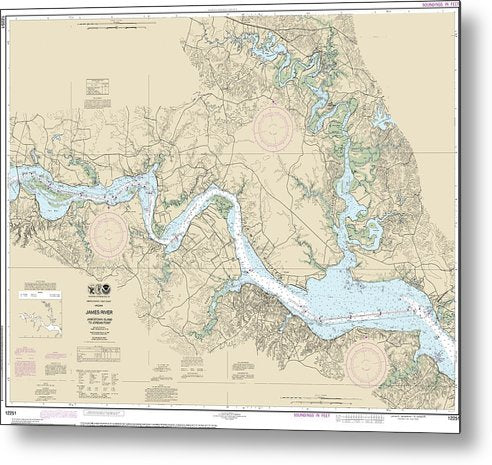 A beuatiful Metal Print of the Nautical Chart-12251 James River Jamestown Island-Jordan Point - Metal Print by SeaKoast.  100% Guarenteed!