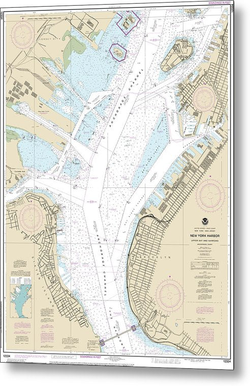 A beuatiful Metal Print of the Nautical Chart-12334 New York Harbor Upper Bay-Narrows-Anchorage Chart - Metal Print by SeaKoast.  100% Guarenteed!