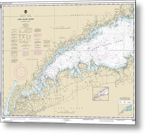 A beuatiful Metal Print of the Nautical Chart-12363 Long Island Sound Western Part - Metal Print by SeaKoast.  100% Guarenteed!