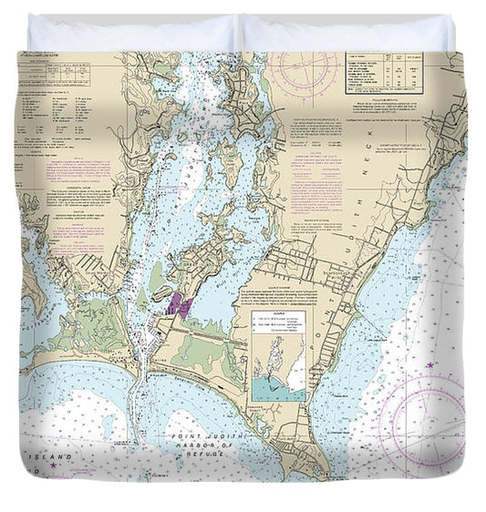 Nautical Chart 13219 Point Judith Harbor Duvet Cover