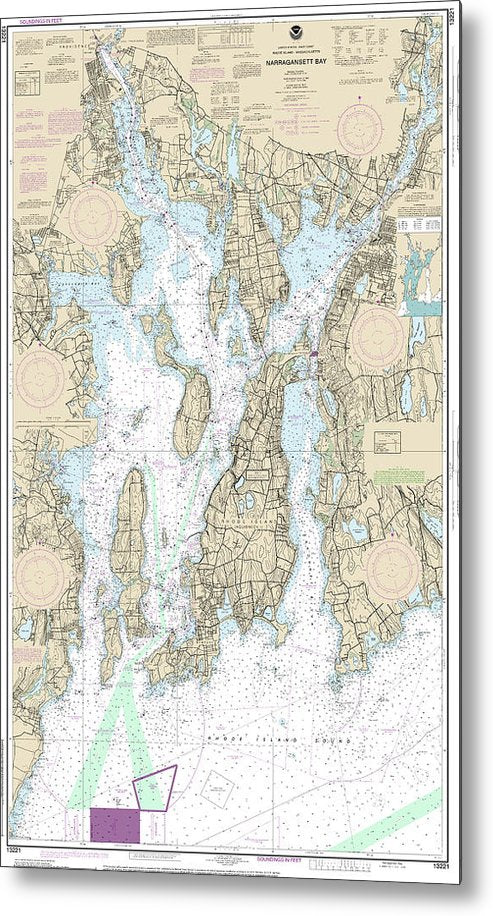 A beuatiful Metal Print of the Nautical Chart-13221 Narragansett Bay - Metal Print by SeaKoast.  100% Guarenteed!