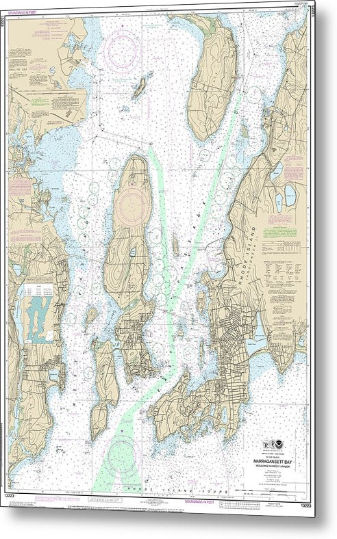 A beuatiful Metal Print of the Nautical Chart-13223 Narragansett Bay, Including Newport Harbor - Metal Print by SeaKoast.  100% Guarenteed!