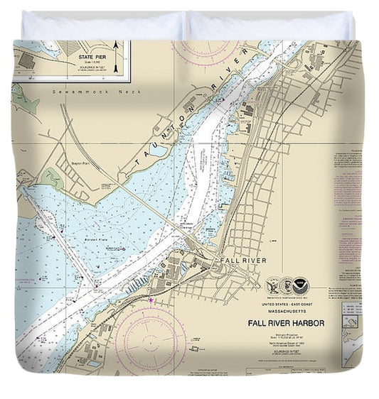 Nautical Chart 13227 Fall River Harbor, State Pier Duvet Cover