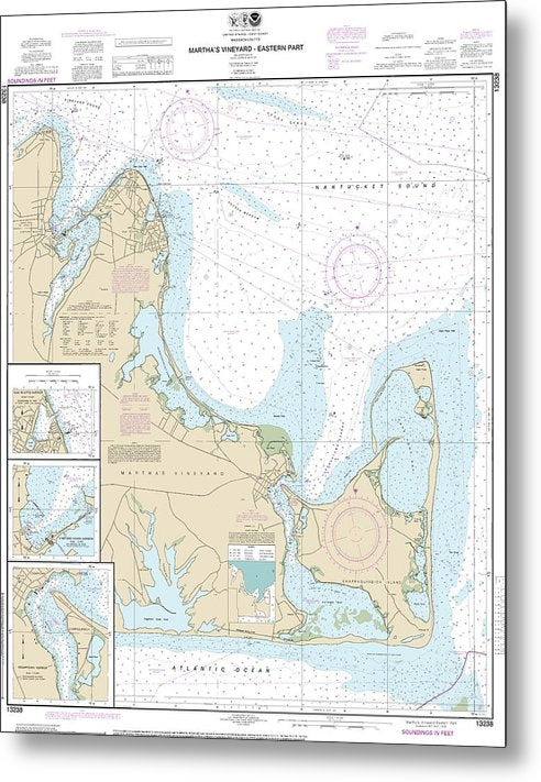 A beuatiful Metal Print of the Nautical Chart-13238 Marthas Vineyard Eastern Part, Oak Bluffs Harbor, Vineyard Haven Harbor, Edgartown Harbor - Metal Print by SeaKoast.  100% Guarenteed!