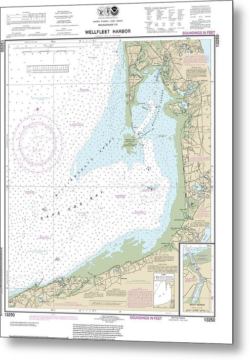 A beuatiful Metal Print of the Nautical Chart-13250 Wellfleet Harbor, Sesuit Harbor - Metal Print by SeaKoast.  100% Guarenteed!