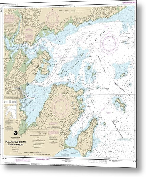 A beuatiful Metal Print of the Nautical Chart-13276 Salem, Marblehead-Beverly Harbors - Metal Print by SeaKoast.  100% Guarenteed!