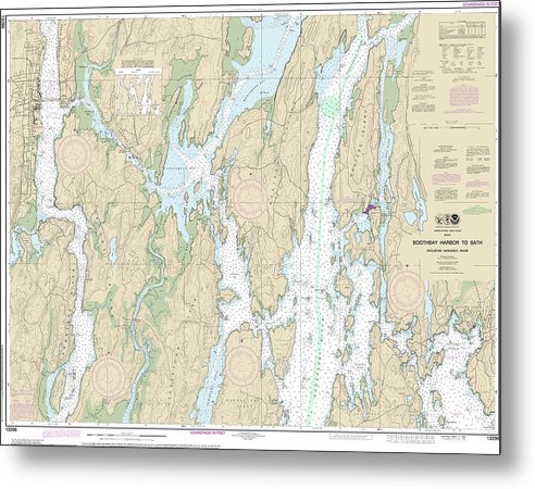 A beuatiful Metal Print of the Nautical Chart-13296 Boothbay Harbor-Bath, Including Kennebec River - Metal Print by SeaKoast.  100% Guarenteed!