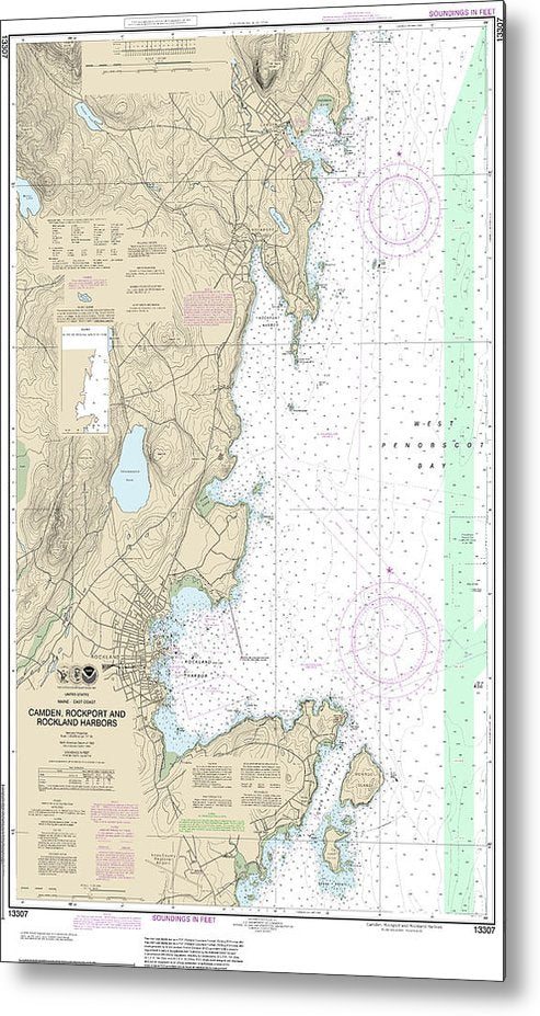 A beuatiful Metal Print of the Nautical Chart-13307 Camden, Rockport-Rockland Harbors - Metal Print by SeaKoast.  100% Guarenteed!
